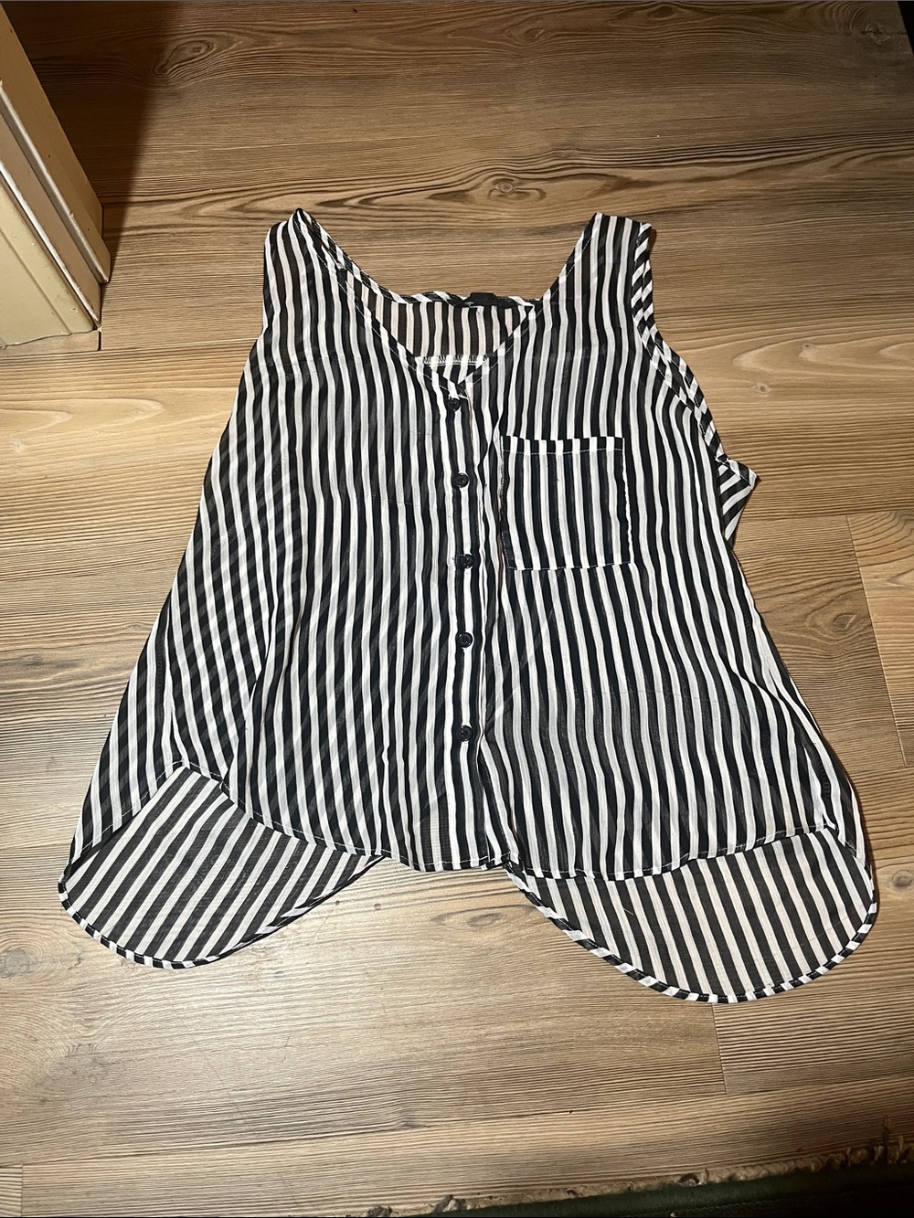 Black & White Striped Sheer Button-Front Sleeveless Tank Top